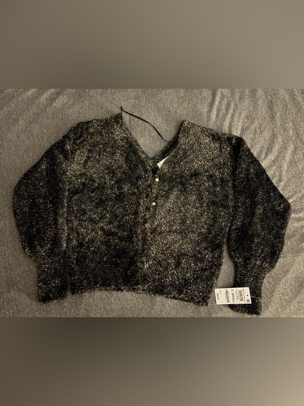 Fuzzy Metallic Black Button-Front Women's Cardigan